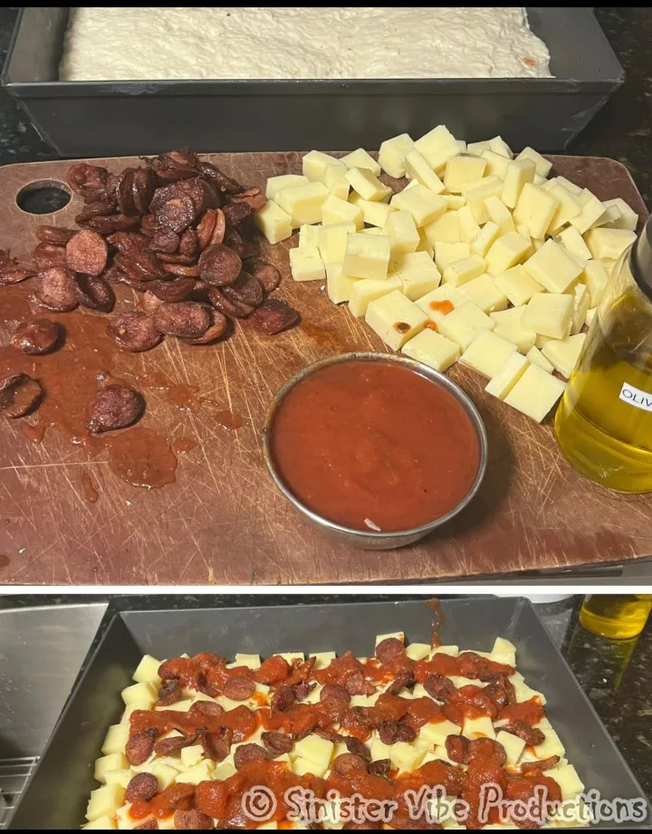 photo of Detroit pizza preparation