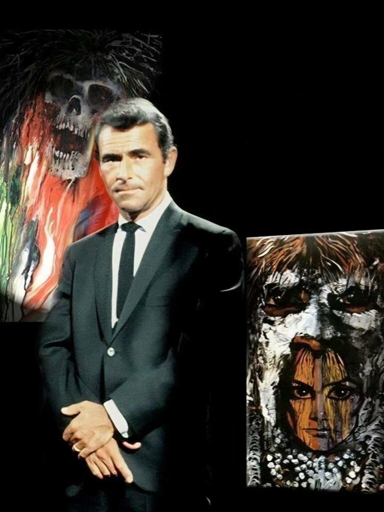 photo of Rod Serling standing in front of Night Gallery paintings